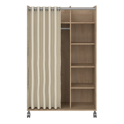 Uppsala Open Mobile Wardrobe Unit in Jackson Hickory Oak with a Beige Textile Curtain on Wheels – FTG, view 2