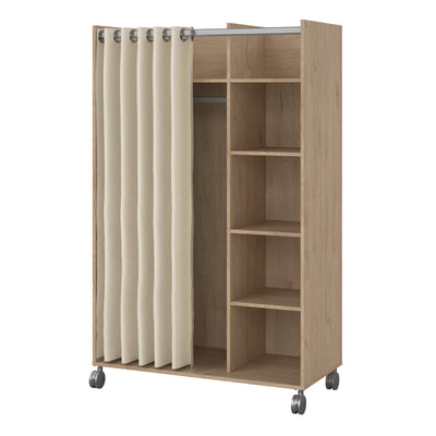 Uppsala Open Mobile Wardrobe Unit in Jackson Hickory Oak with a Beige Textile Curtain on Wheels – FTG, view 3