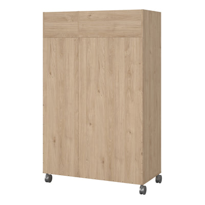 Uppsala Open Mobile Wardrobe Unit in Jackson Hickory Oak with a Beige Textile Curtain on Wheels – FTG, view 4