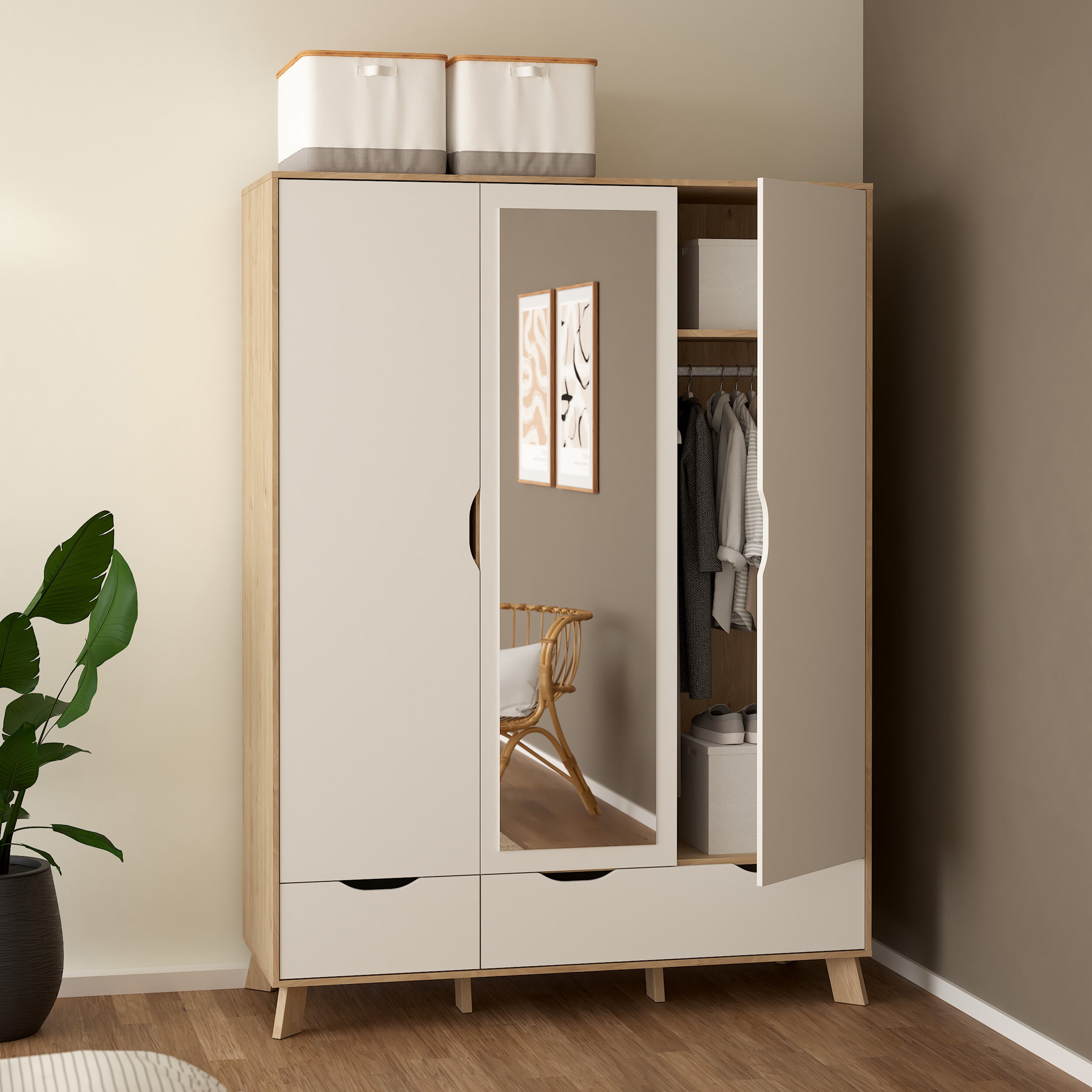 Ikast Wardrobe 3 Doors and 2 Drawers with Mirror in Jackson Hickory and White – FTG, view 10