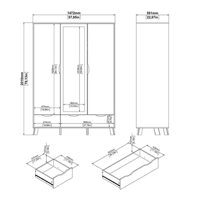 Ikast Wardrobe 3 Doors and 2 Drawers with Mirror in Jackson Hickory and White – FTG, view 13