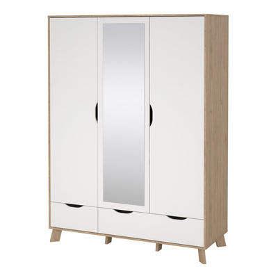 Ikast Wardrobe 3 Doors and 2 Drawers with Mirror in Jackson Hickory and White – FTG, view 3