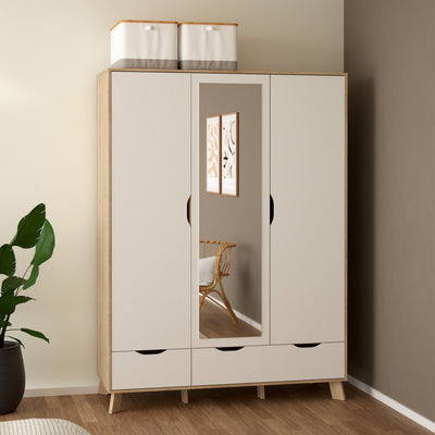 Ikast Wardrobe 3 Doors and 2 Drawers with Mirror in Jackson Hickory and White – FTG, view 9
