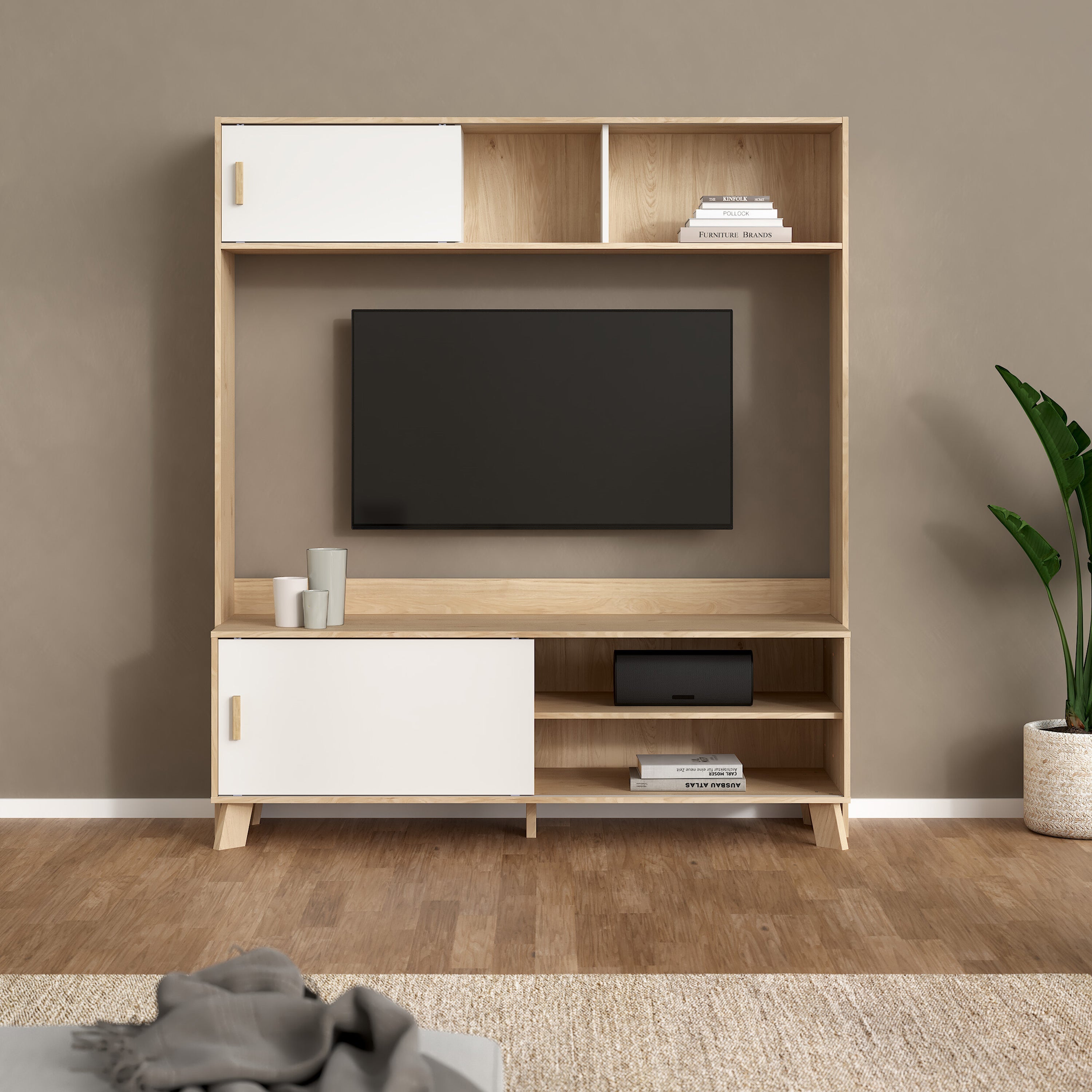 Ikast TV-Wall Unit with 2 Sliding Doors in Jackson Hickory and White – FTG, view 8