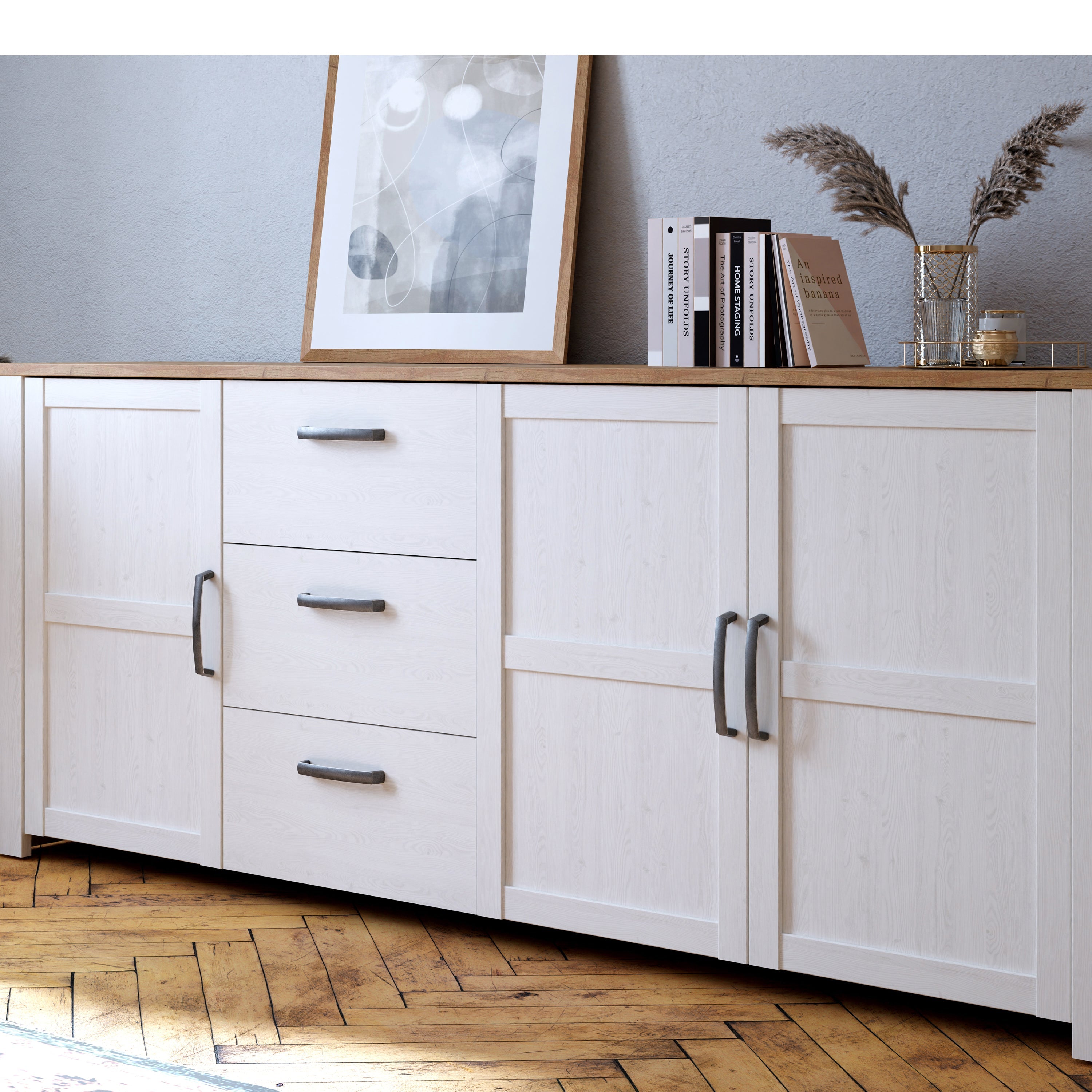 Bohol 3 Door 3 Drawer Large Sideboard in Riviera Oak/White – FTG, view 6