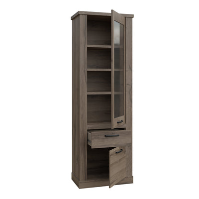 Corona 2 Door 1 Drawer 3 Shelve Narrow Display Cabinet in Tabak Oak – FTG, view 2