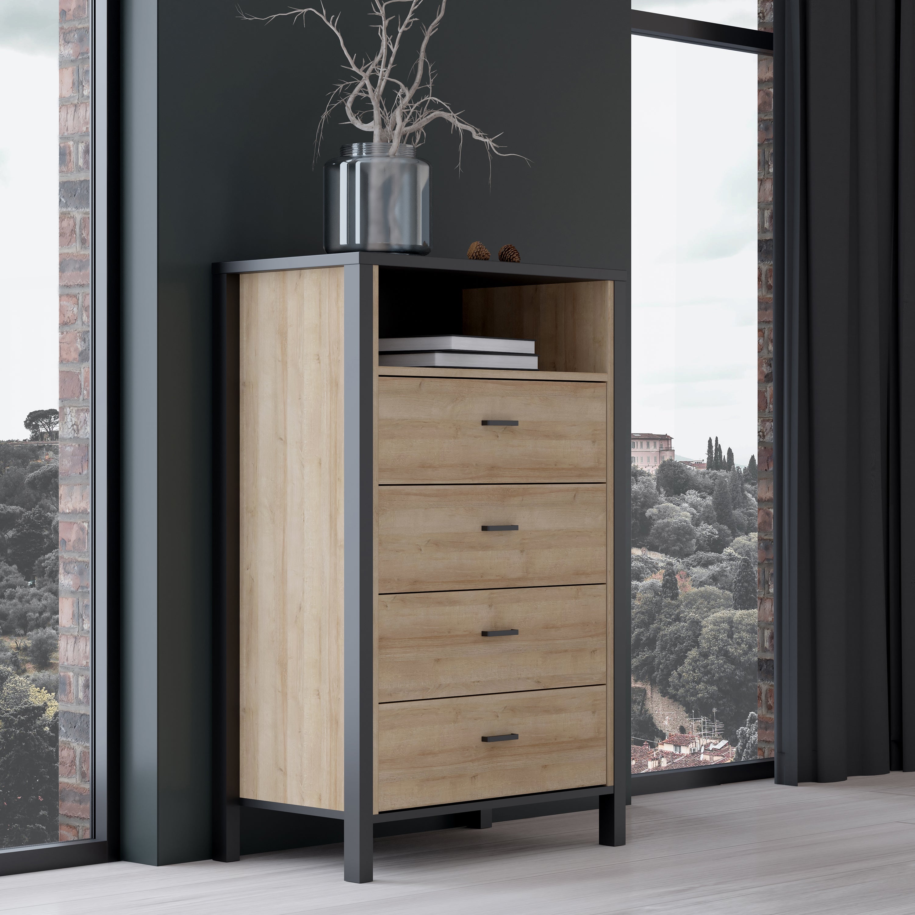 High Rock Chest of 4 Drawers in Matt Black/Riviera Oak – FTG, view 7