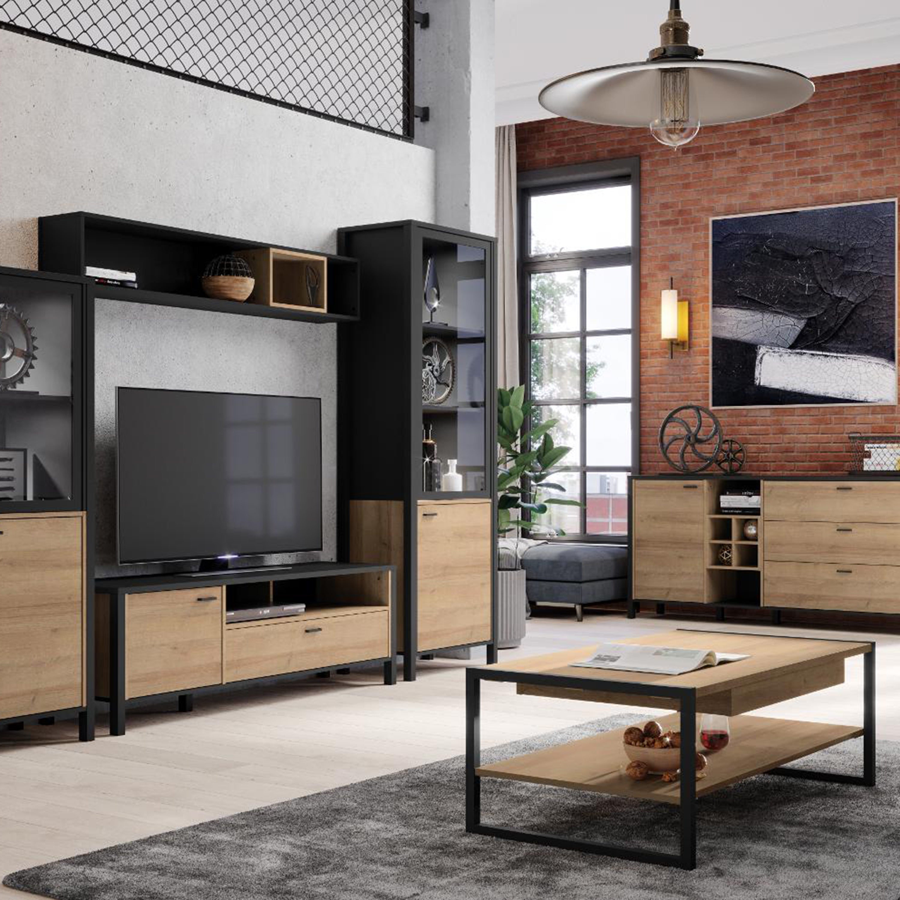 High Rock TV Unit in Matt Black/Riviera Oak – FTG, view 5