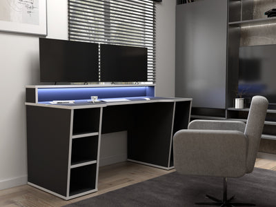 Tezaur Black Gaming Desk with White Trim and Colour Changing LED – FTG, view 3