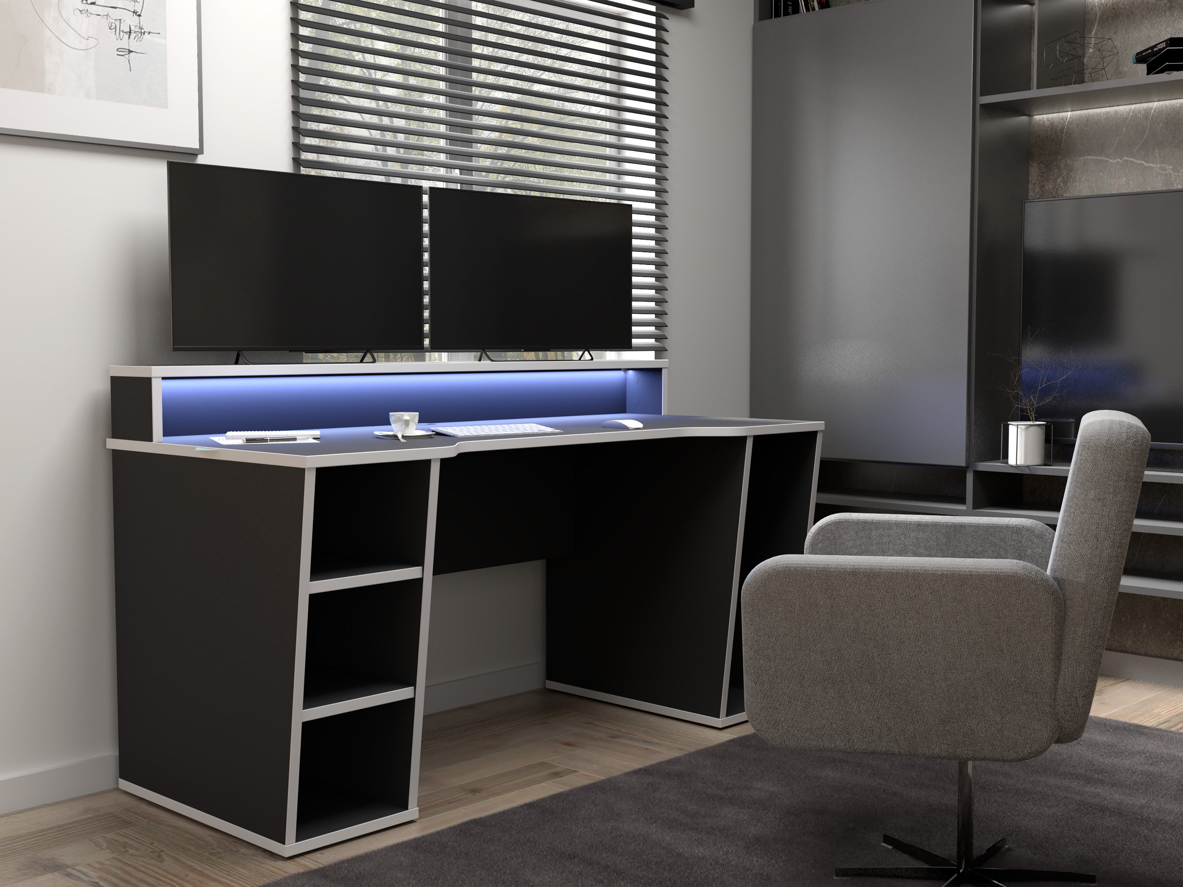 Tezaur Black Gaming Desk with White Trim and Colour Changing LED – FTG, view 3