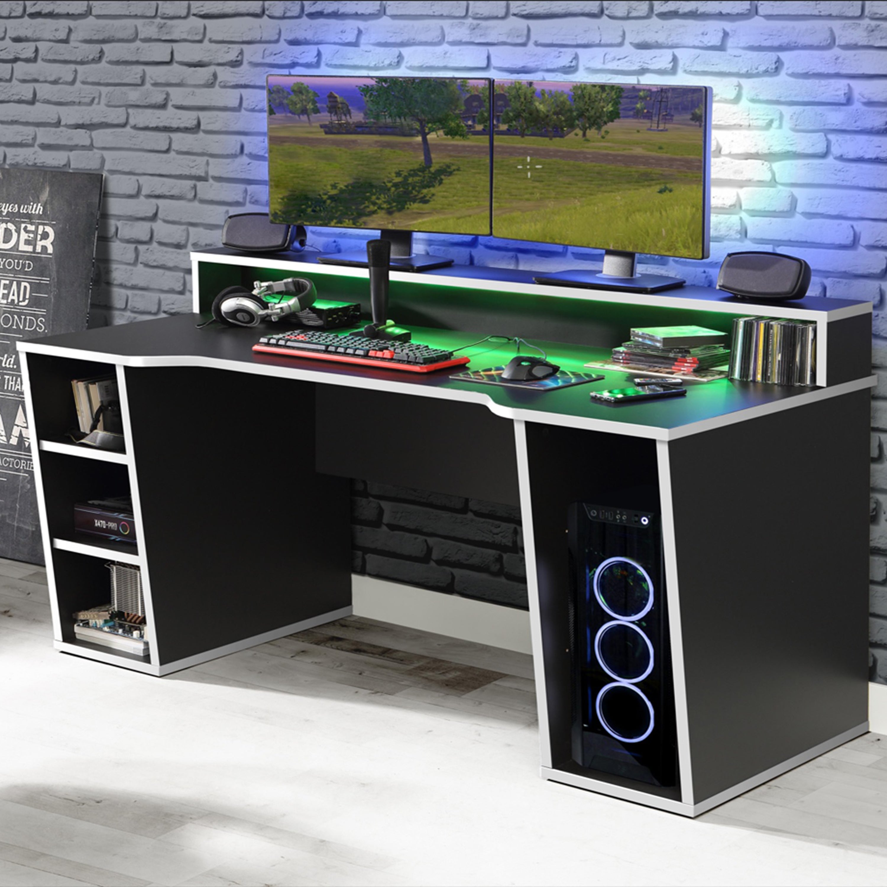 Tezaur Black Gaming Desk with White Trim and Colour Changing LED – FTG, view 4