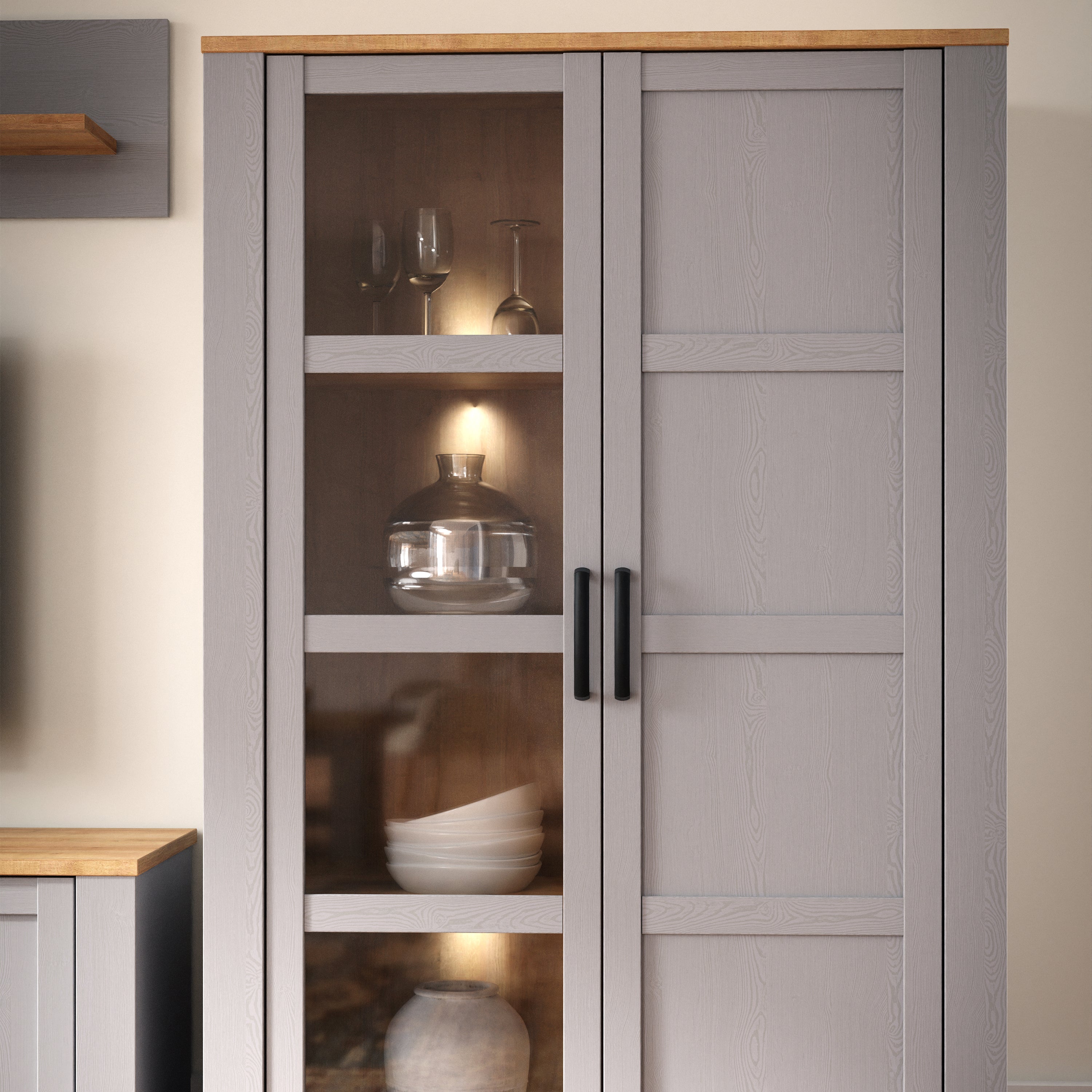 Bohol Display Cabinet inc. 2x LED Lights in Riviera Oak/Grey Oak – FTG, view 6