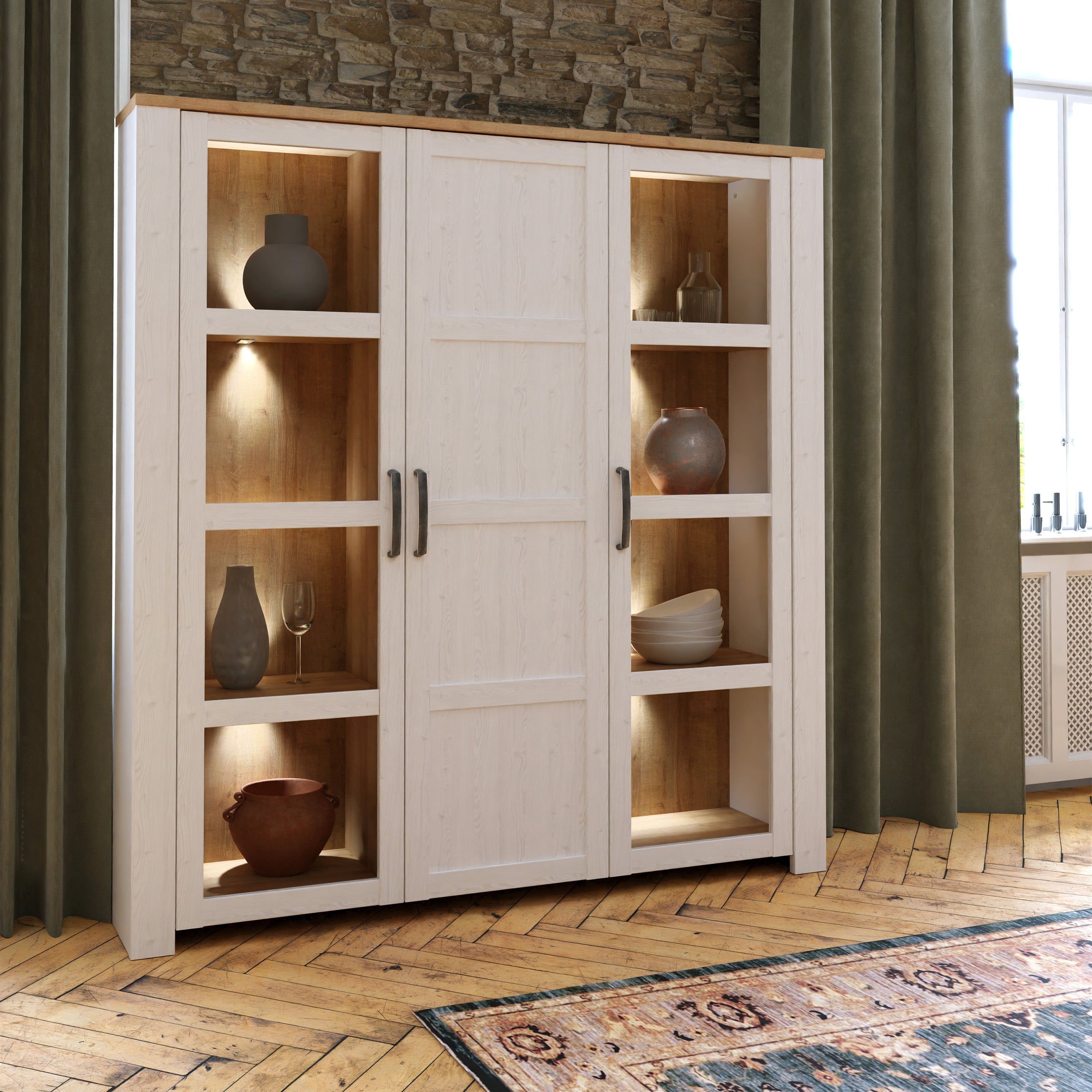 Bohol Large Display Cabinet inc. 4x LED Lights in Riviera Oak/White – FTG, view 5