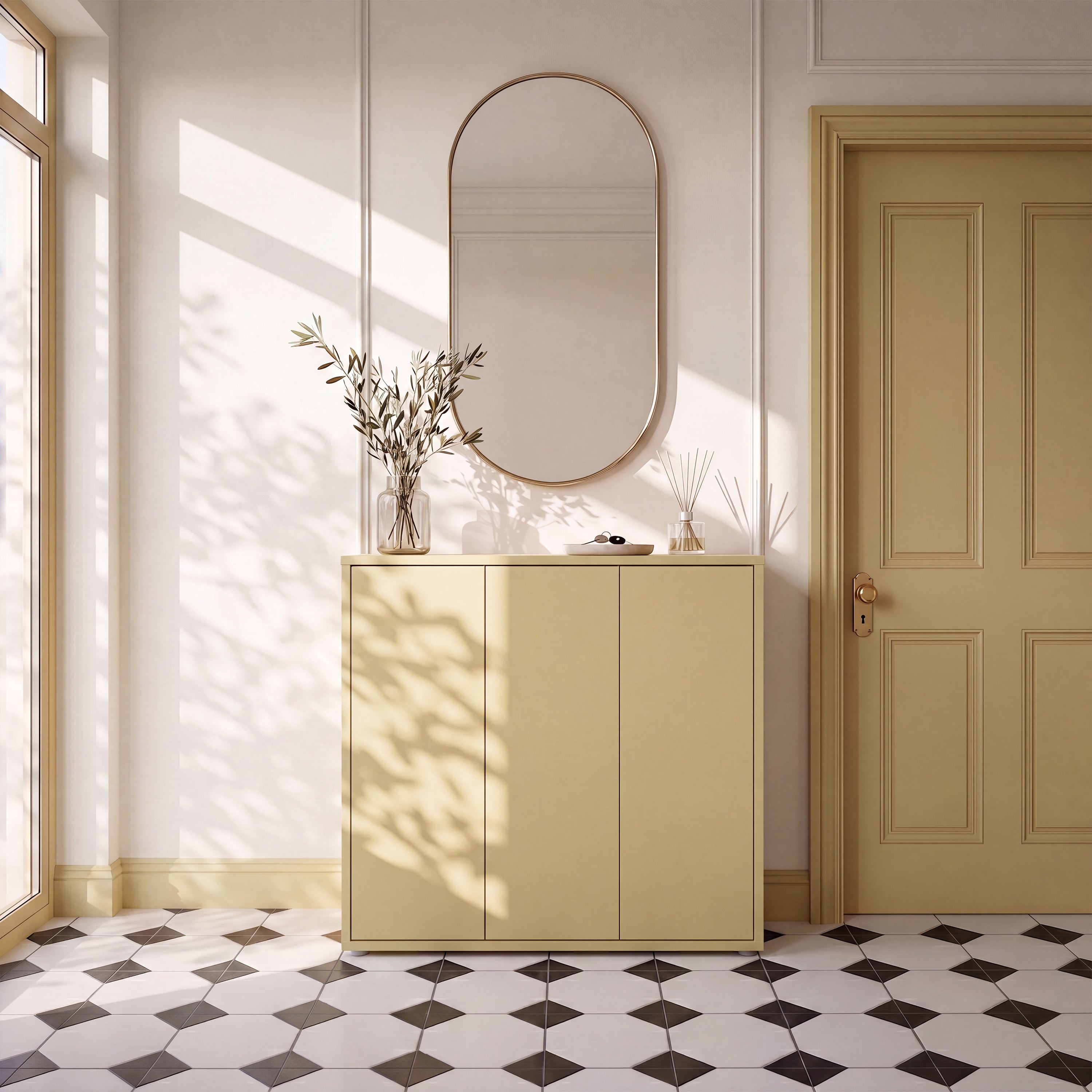 Alice Springs Shoe Cabinet with 3 Doors Push-to-Open in Butter Yellow