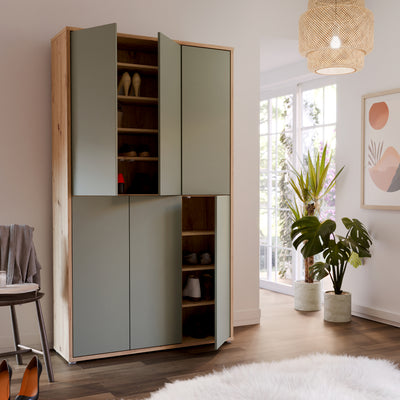 Alice Springs Shoe Cabinet with 6 Doors Push-to-Open in Artisan Oak and Sage Green Doors