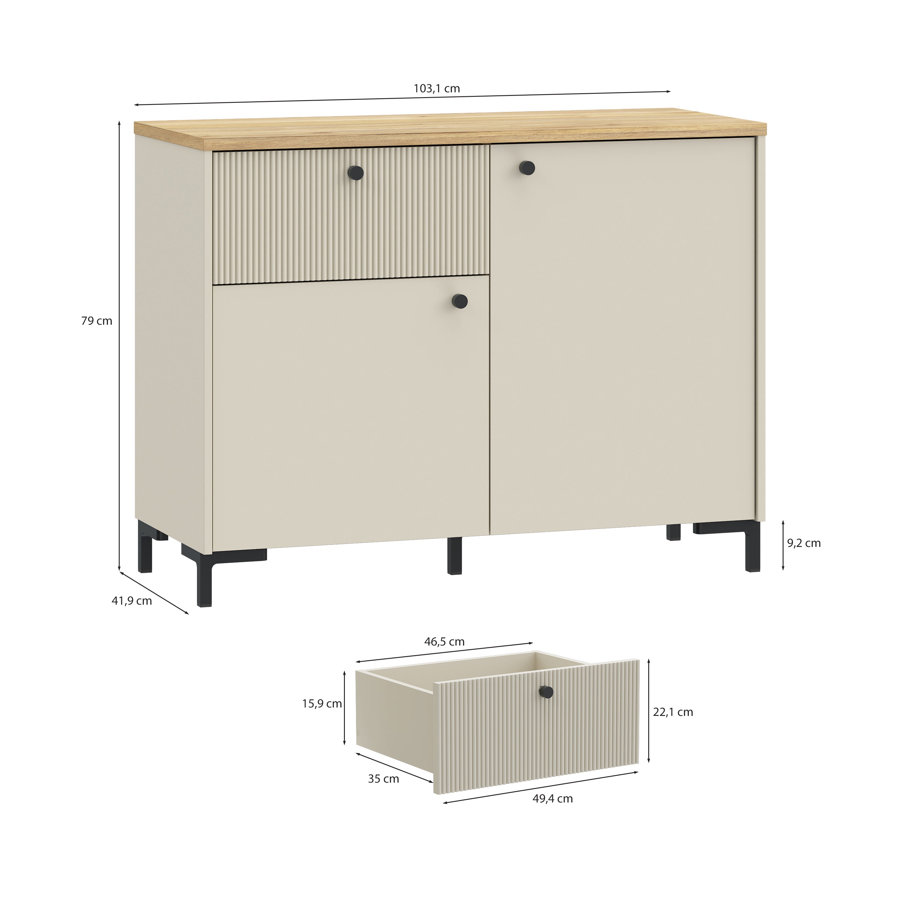 Bixbite Sideboard with Fluted Detail, Drawer & Cupboard in Mauvella Oak and Sand