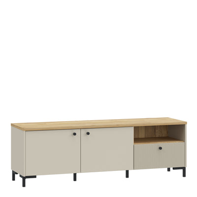 Bixbite Wide TV Unit with Fluted Drawer, Open Shelf & Cupboard in Mauvella Oak and Sand