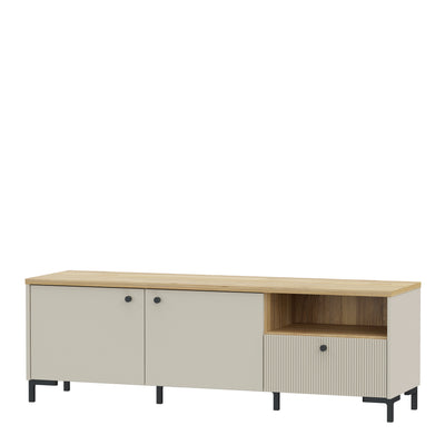 Bixbite Wide TV Unit with Fluted Drawer, Open Shelf & Cupboard in Mauvella Oak and Sand