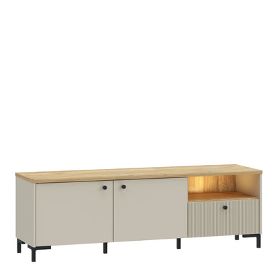 Bixbite Wide TV Unit with Fluted Drawer, Open Shelf & Cupboard in Mauvella Oak and Sand