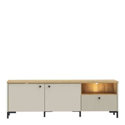Bixbite Wide TV Unit with Fluted Drawer, Open Shelf & Cupboard in Mauvella Oak and Sand