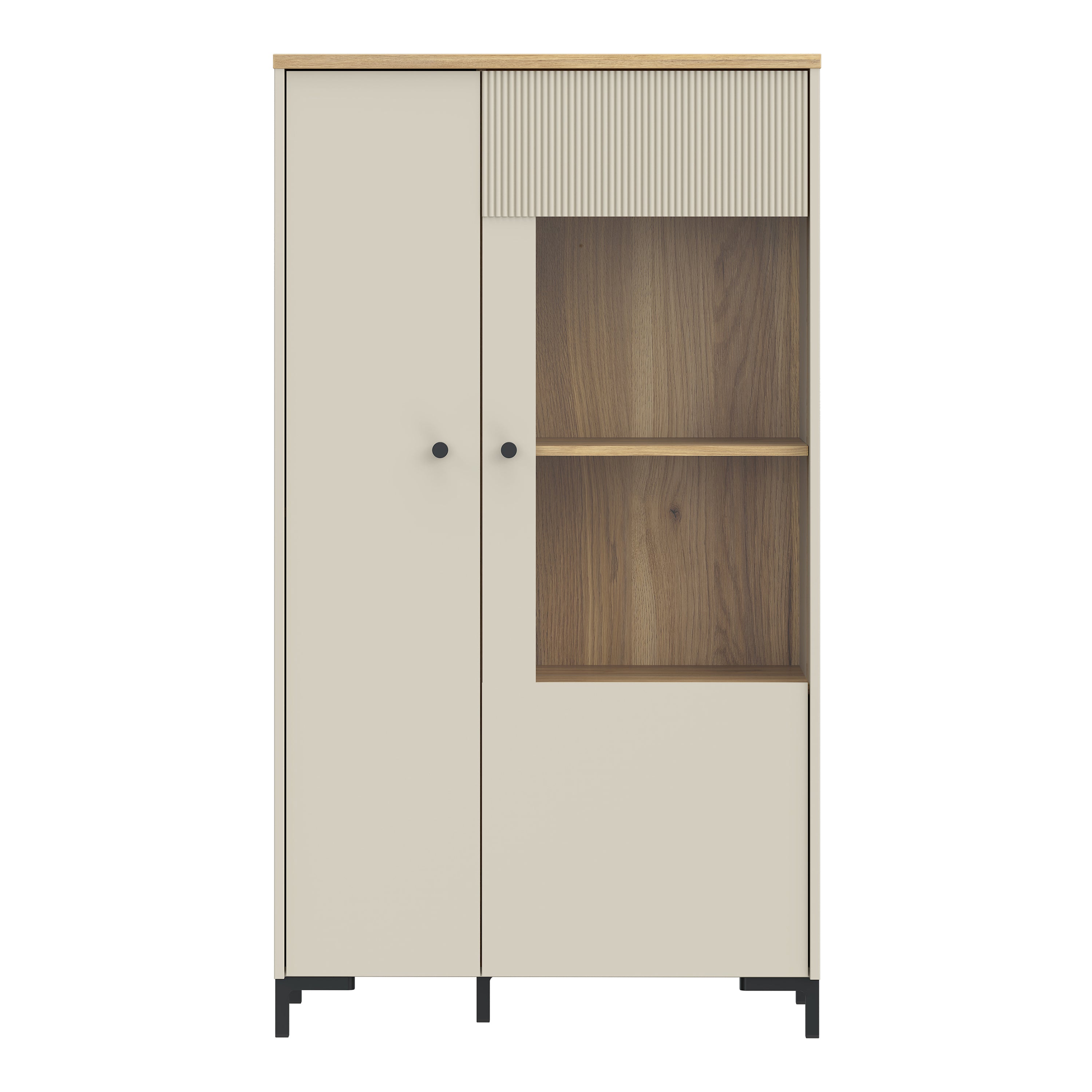 Bixbite Display Cabinet with Fluted Detail, Doors & Open Shelving in Mauvella Oak and Sand