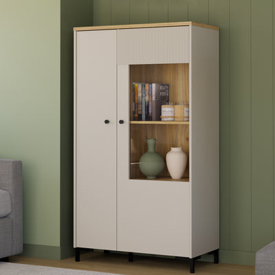 Bixbite Display Cabinet with Fluted Detail, Doors & Open Shelving in Mauvella Oak and Sand