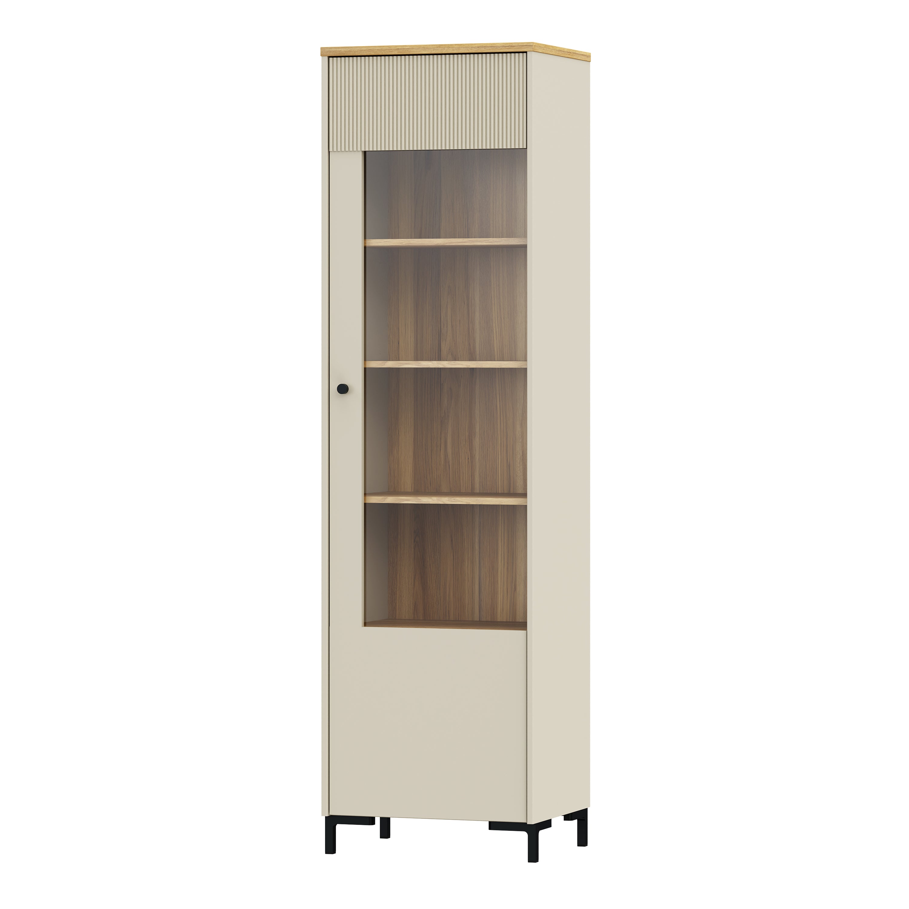 Bixbite Tall Display Cabinet with Fluted Detail, Door & Open Shelving in Mauvella Oak and Sand