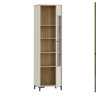 Bixbite Tall Display Cabinet with Fluted Detail, Door & Open Shelving in Mauvella Oak and Sand
