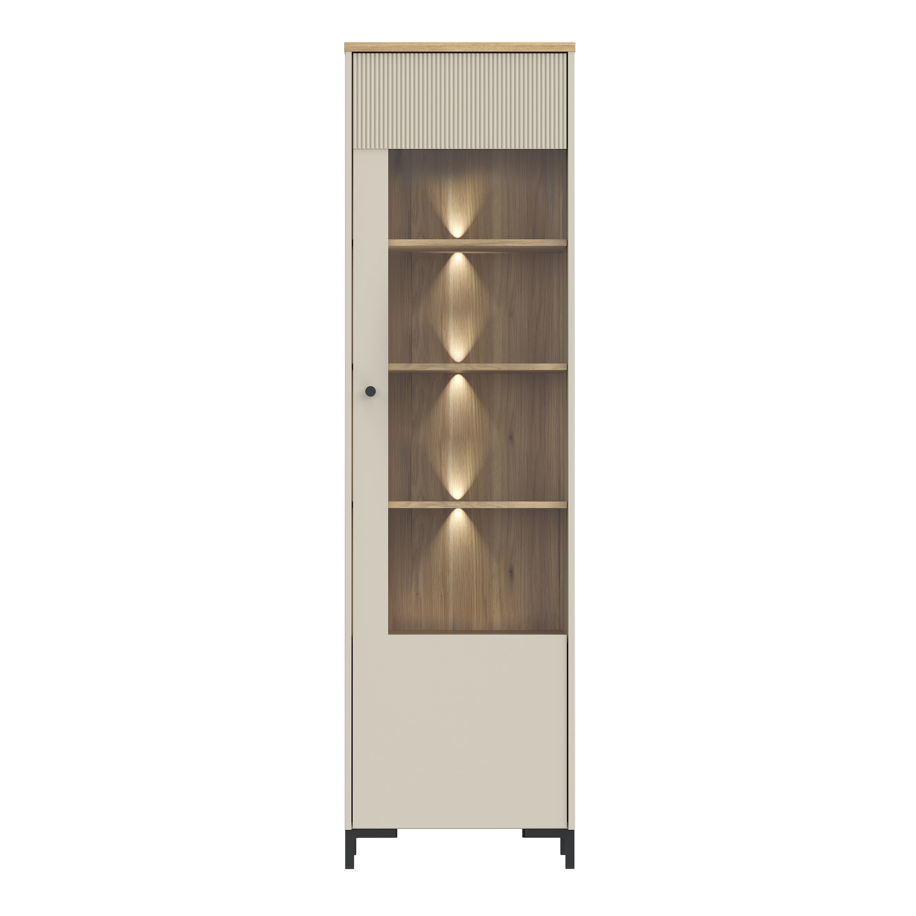 Bixbite Tall Display Cabinet with Fluted Detail, Door & Open Shelving in Mauvella Oak and Sand