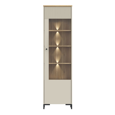 Bixbite Tall Display Cabinet with Fluted Detail, Door & Open Shelving in Mauvella Oak and Sand