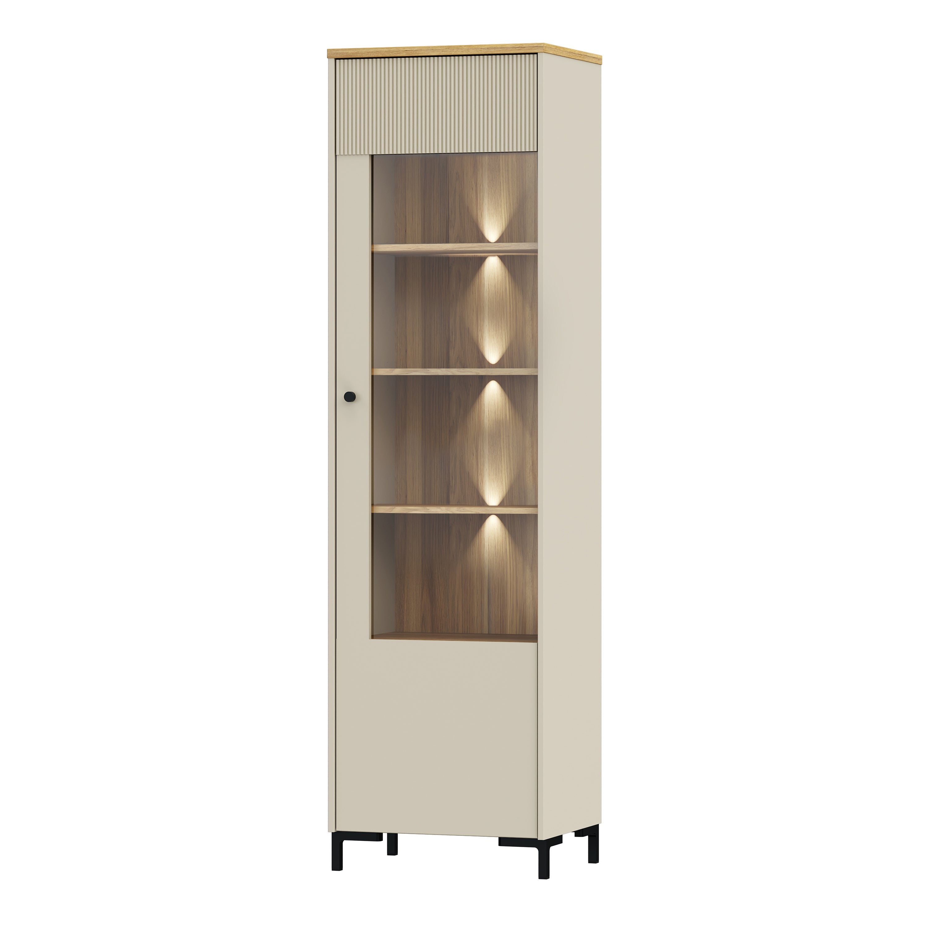 Bixbite Tall Display Cabinet with Fluted Detail, Door & Open Shelving in Mauvella Oak and Sand
