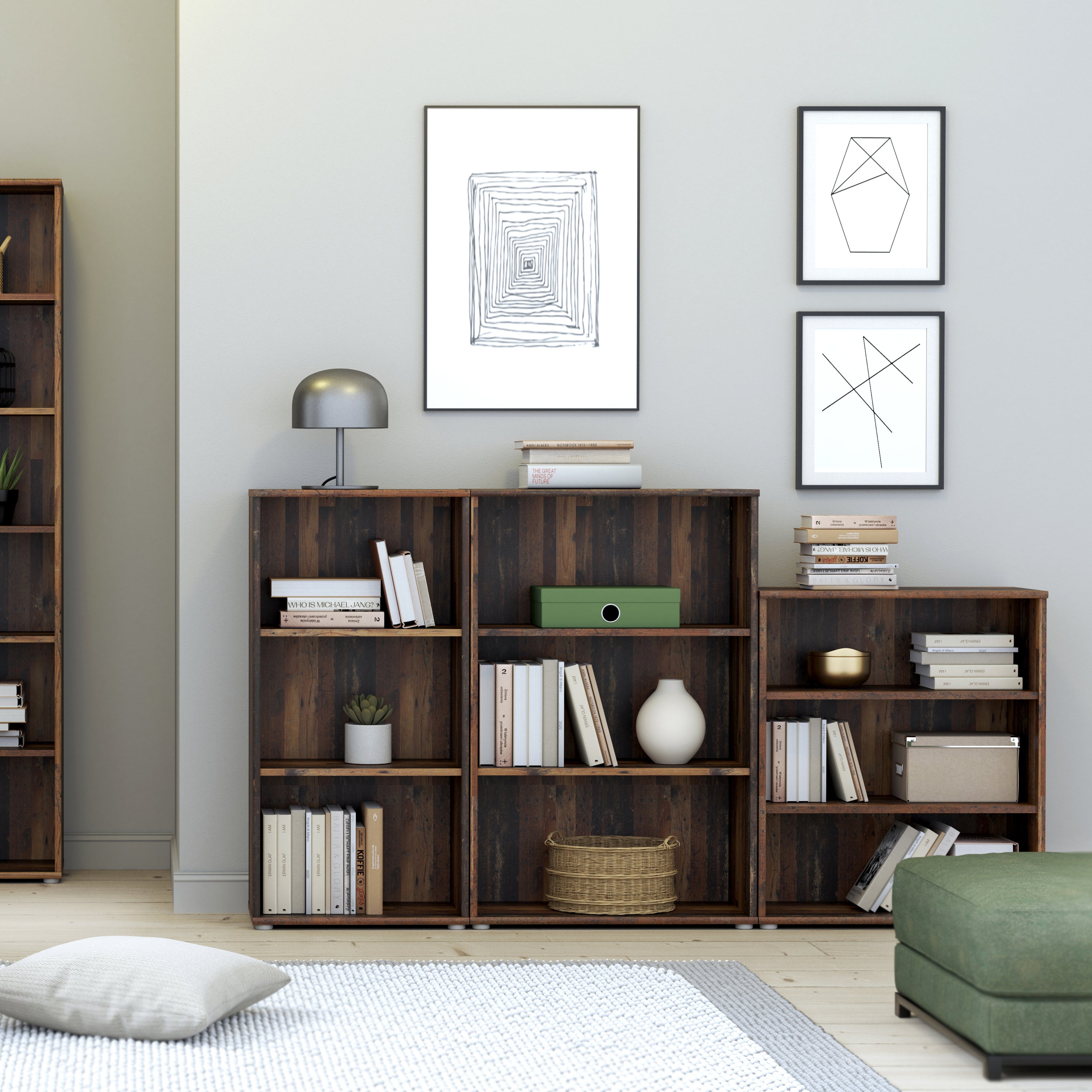 Essential Low Narrow 2 Shelf Bookcase in Vintage Oak – FTG, view 3
