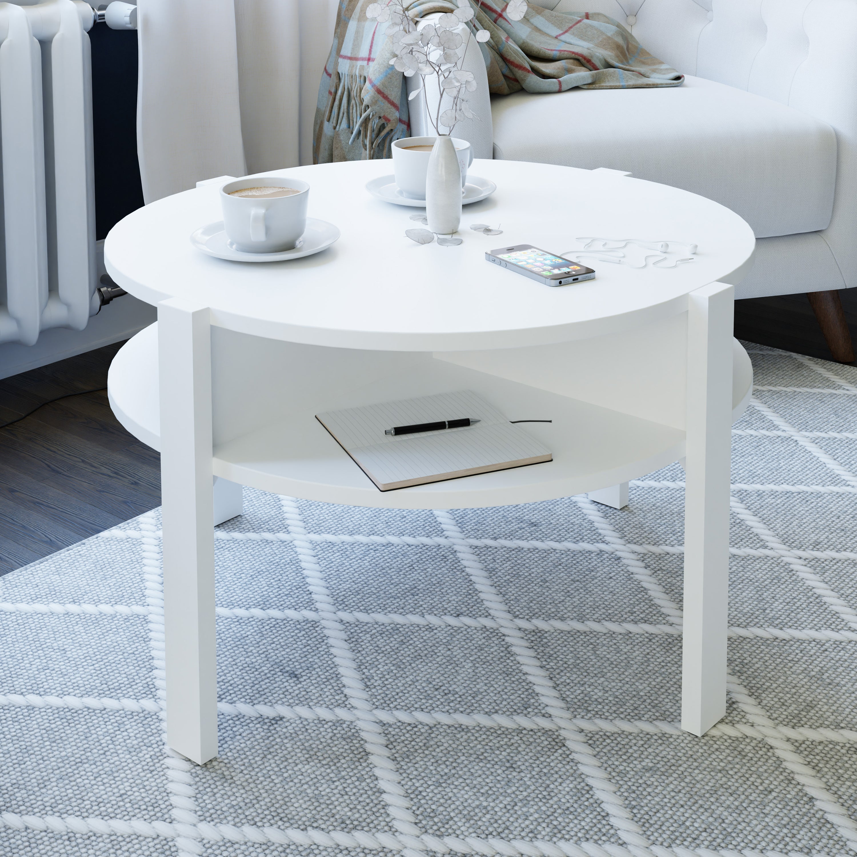 Tobago Round Coffee Table with Open Shelf in White