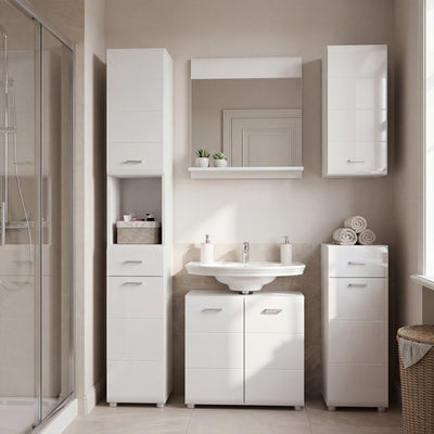 Ice Cave Bathroom Storage Cupboard with 1 Door & 1 Drawer with Silver Handles in White with White High Gloss Door