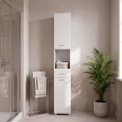 Ice Cave Narrow Bathroom Storage Cabinet with 2 Doors & 1 Drawer with Silver Handles in White with White High Gloss Fronts