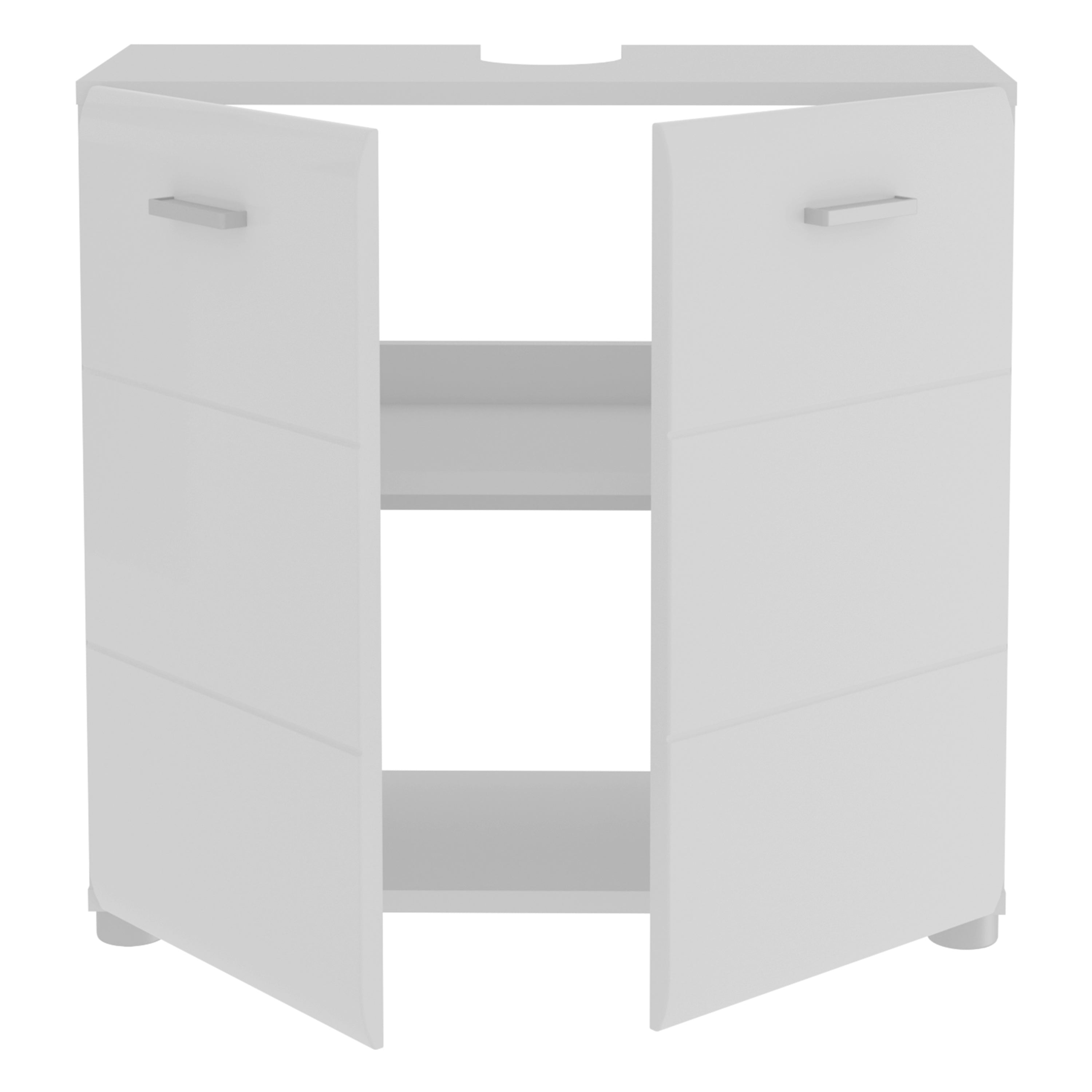 Ice Cave Under Sink Bathroom Cabinet with 2 Doors & Silver Handles in White with White High Gloss Doors