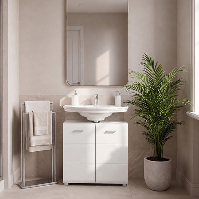 Ice Cave Under Sink Bathroom Cabinet with 2 Doors & Silver Handles in White with White High Gloss Doors