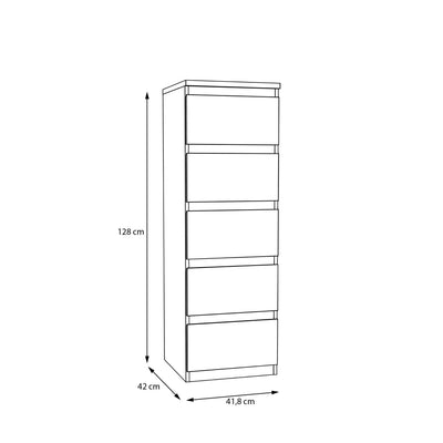 Edmore 5 Drawer Tall Narrow Chest in Mauvella Oak