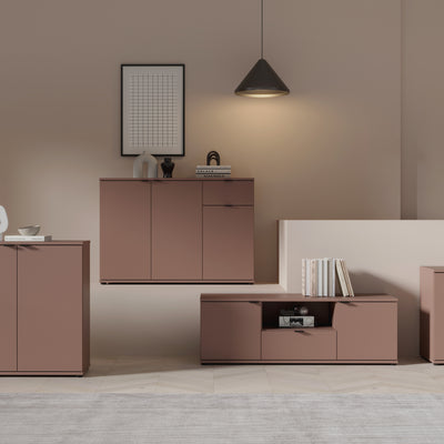 Ganymede Wide TV Unit with Open Shelf, Drawer & 2 Doors in Terracotta
