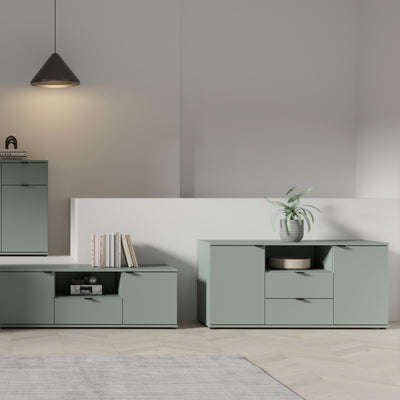 Ganymede TV Unit with Open Shelf, Drawer & 2 Doors in Sage Green