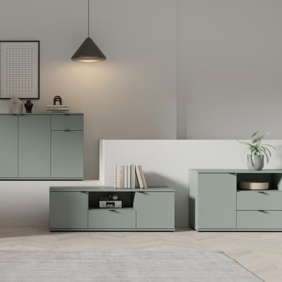 Ganymede Wide TV Unit with Open Shelving, 2 Drawers & 2 Doors in Sage Green