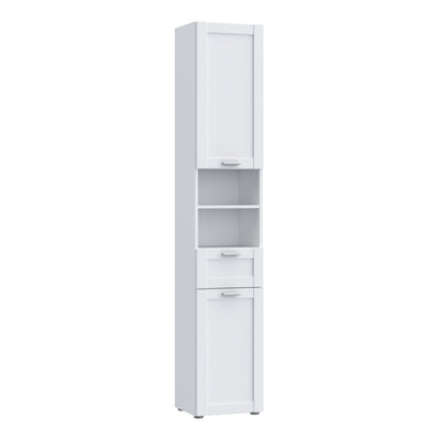 Lokko Tall Narrow Bathroom Cabinet with 2 Doors & 1 Drawer with Silver Handles in White