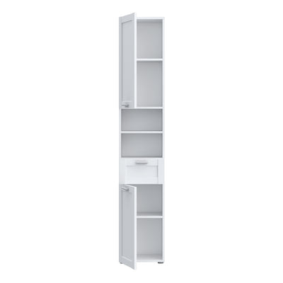 Lokko Tall Narrow Bathroom Cabinet with 2 Doors & 1 Drawer with Silver Handles in White
