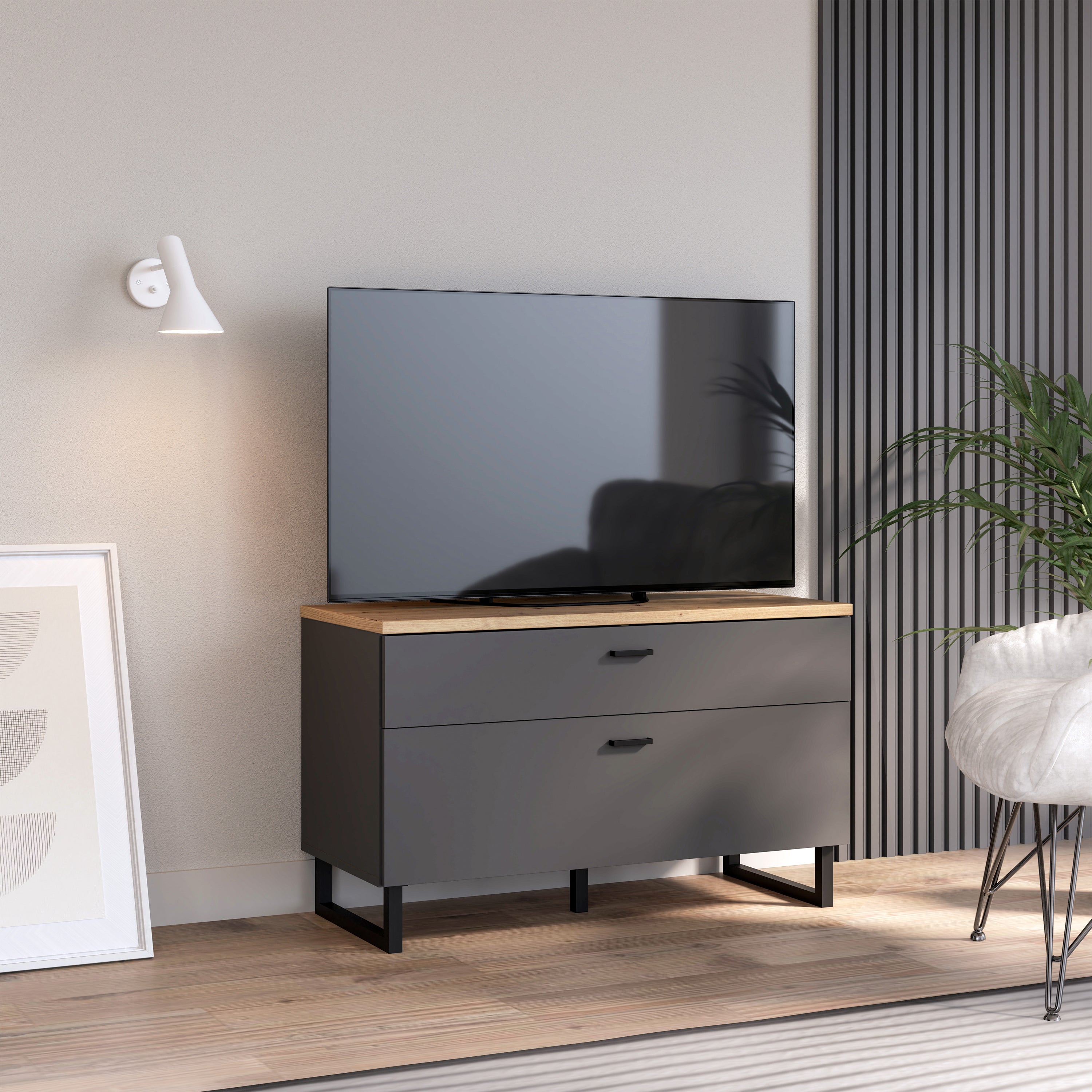 Klara TV Unit with 1 Drawer 1 Flip Door in Grey and Oak – FTG, view 5