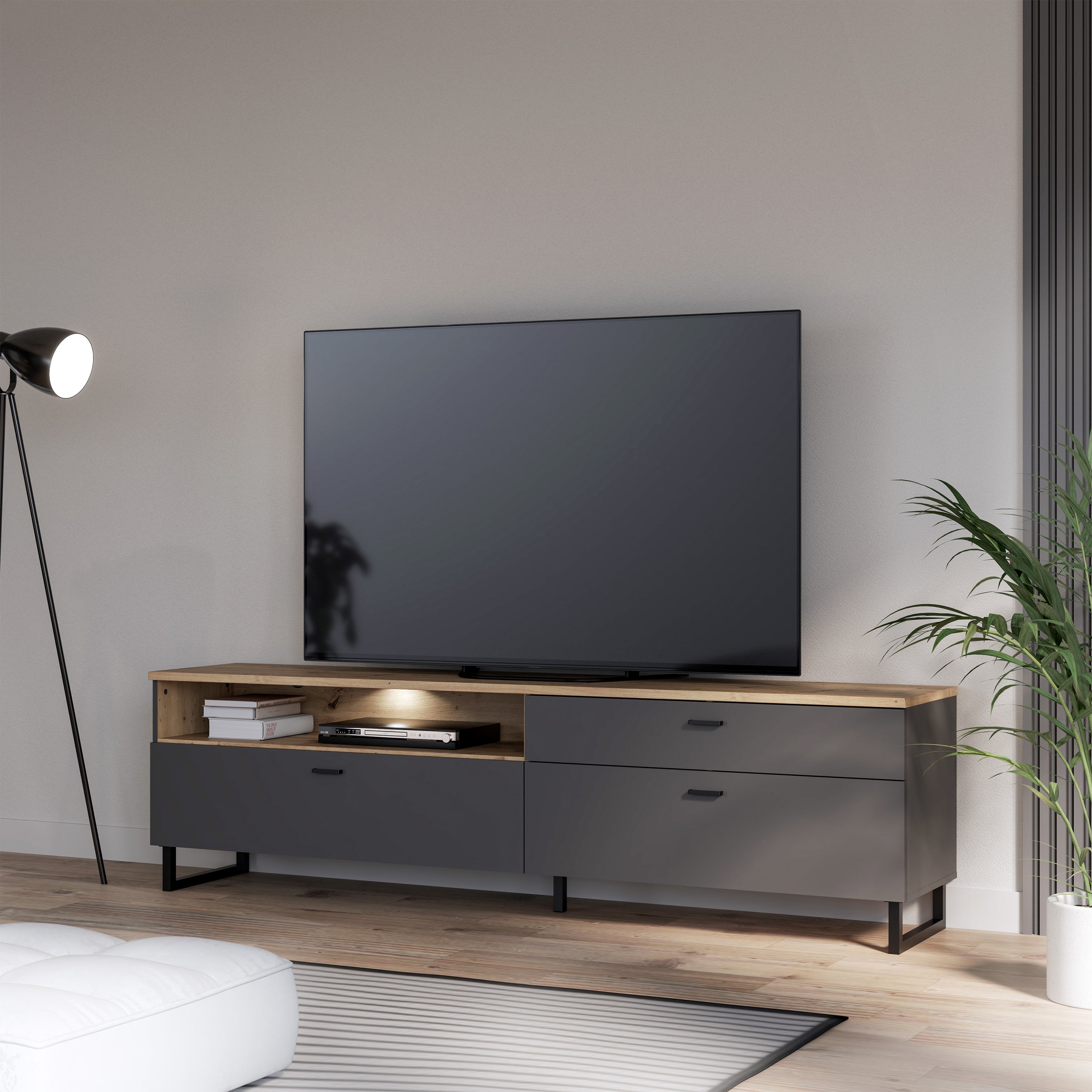 Klara TV Unit with 1 Drawer 2 Flip Doors in Grey and Oak inc LED Lighting – FTG, view 7