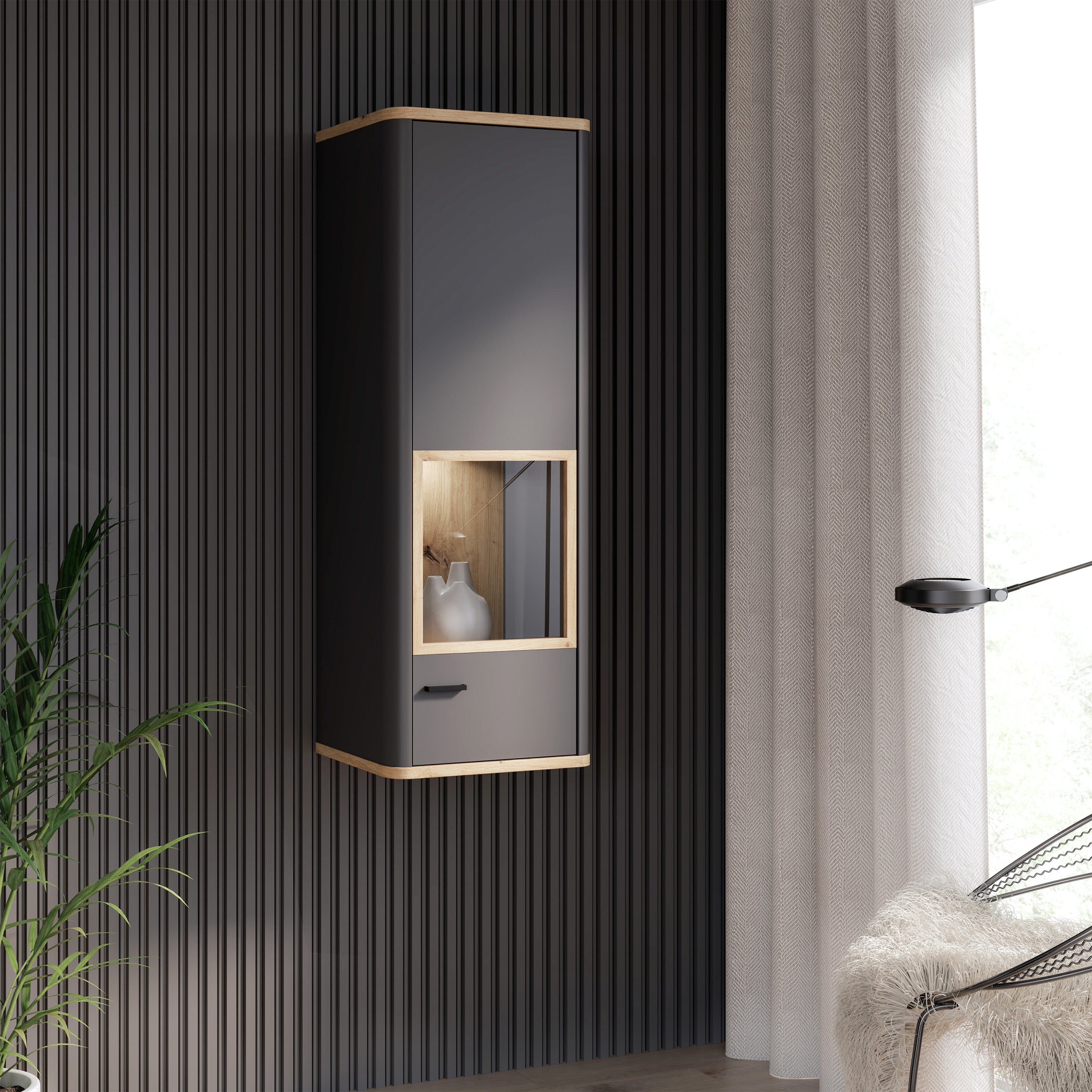Klara Display Cabinet with 1 Glass Door in Grey and Oak inc LED Lighting – FTG, view 6