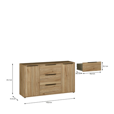 Orkney 3 Drawer Sidebaord with 2 Doors in Mauvella Oak
