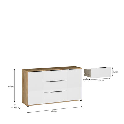 Orkney 3 Drawer Sideboard with 2 Doors in Mauvella Oak and White Gloss