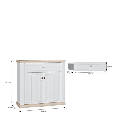 Pontypool 2 Door 1 Drawer Small Sideboard in White and Riva Oak