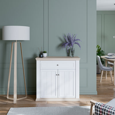Pontypool 2 Door 1 Drawer Small Sideboard in White and Riva Oak
